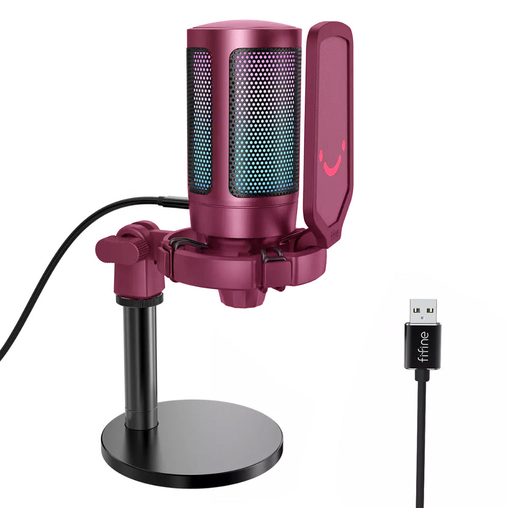 Fifine A6 AmpliGame RGB Cardioid Microphone with Built-in Volume Controller & Quick Mute Button for Voice Recording, Streaming, and Broadcast (Black, Blue, Pink, Red, White)