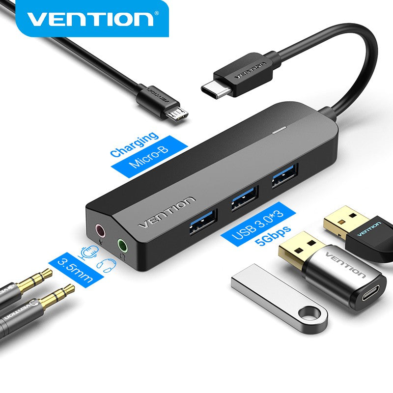 Vention 6 in 1 USB Type-C Hub Mix Sound Card with Micro USB Charging Power Supply 3 USB 3.0 Ports 5Gbps Transfer Speed and 2 3.5mm Audio Jack for PC, Mobile, Tablet, and Consoles | TGQBB