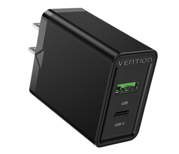 Vention 20W USB Double Port USB-A + Type C Fast Charge AC Wall Charger for Phone Tablet and Other Devices (Black) (US Plug) | FBBB0-US