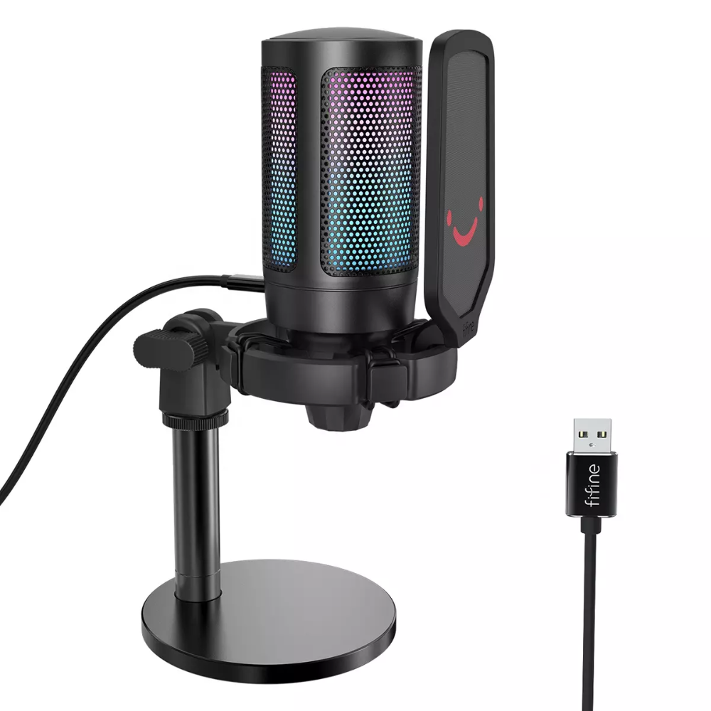 Fifine A6 AmpliGame RGB Cardioid Microphone with Built-in Volume Controller & Quick Mute Button for Voice Recording, Streaming, and Broadcast (Black, Blue, Pink, Red, White)