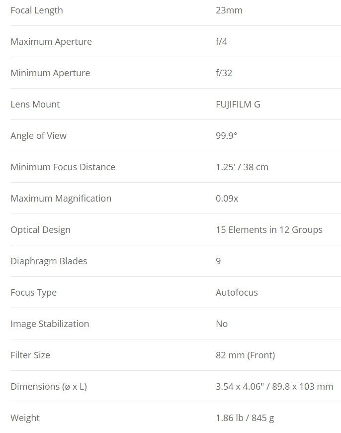 Fujifilm Fujinon GF 23mm f/4 R LM WR Medium Format Lens