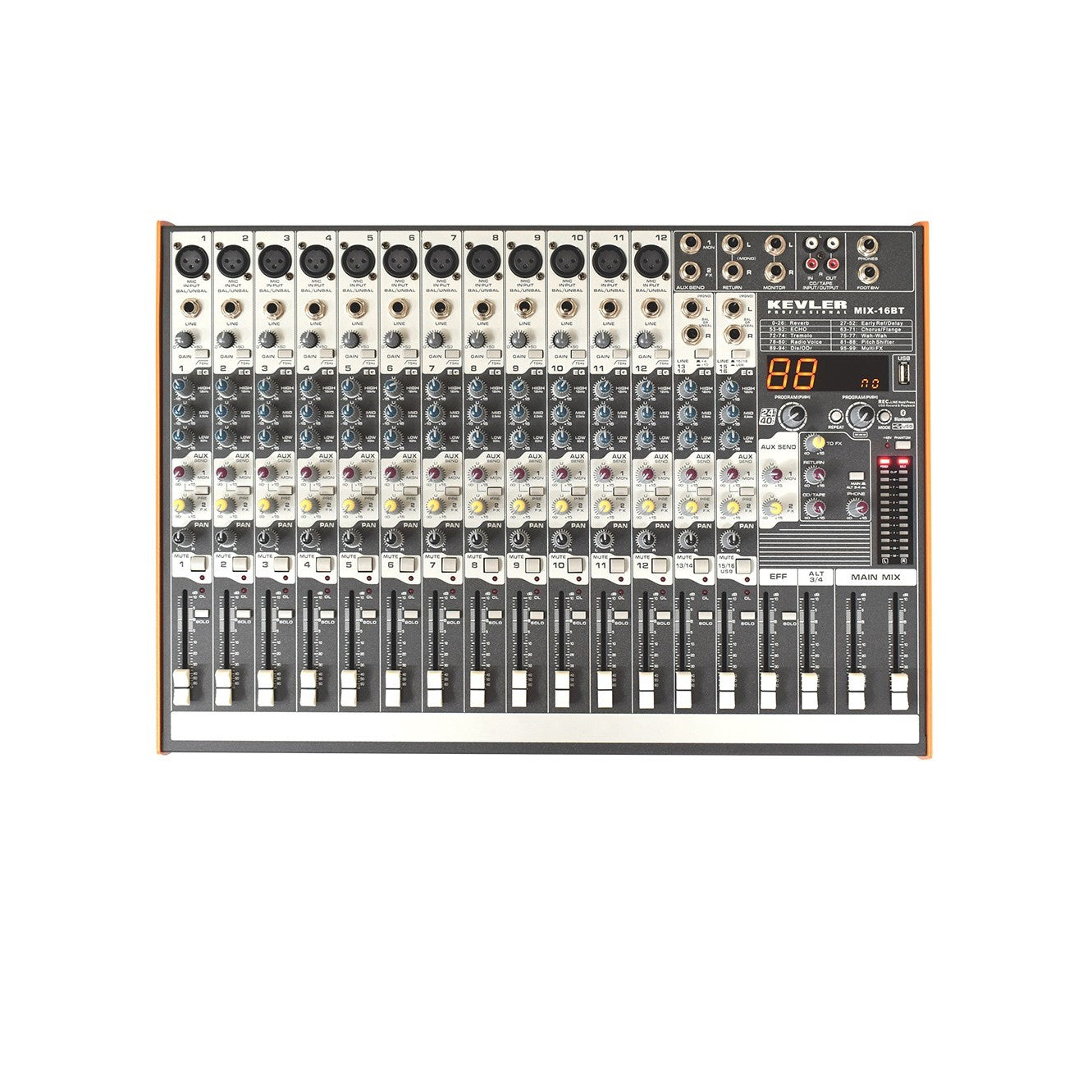 KEVLER MIX-16BT 16-Channel Compact Bluetooth Mixer with 12 Microphone/Line, 2 Stereo Input and 2 AUX Output, 3 Band EQ with USB / MP3 Function and 99 DSP Effects | Mix Series