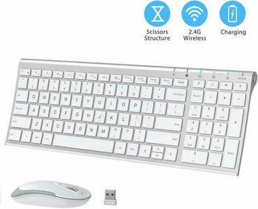 iClever GK03 2.4GHz 17 x 5 Inch Wireless Rechargeable 280mAh Keyboard and Mouse Combo with Windows and Mac Compatibility GK-03 GK 03 (SILVER)