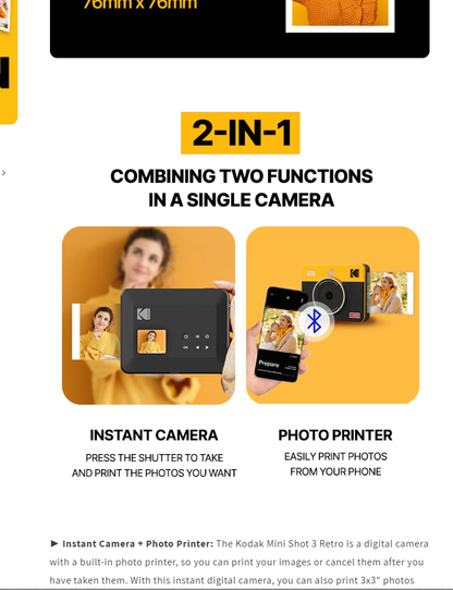 KODAK Mini Shot 2 RETRO 2 in 1 Instant Camera and Photo Printer with 68 Film Sheets Bundle Kit and Accessories 2.1" x 3.4" Prints, 1.77" LCD Display, 4PASS Print Technology, Bluetooth Printing via Mobile Smartphone App (C210R) | Yellow, White