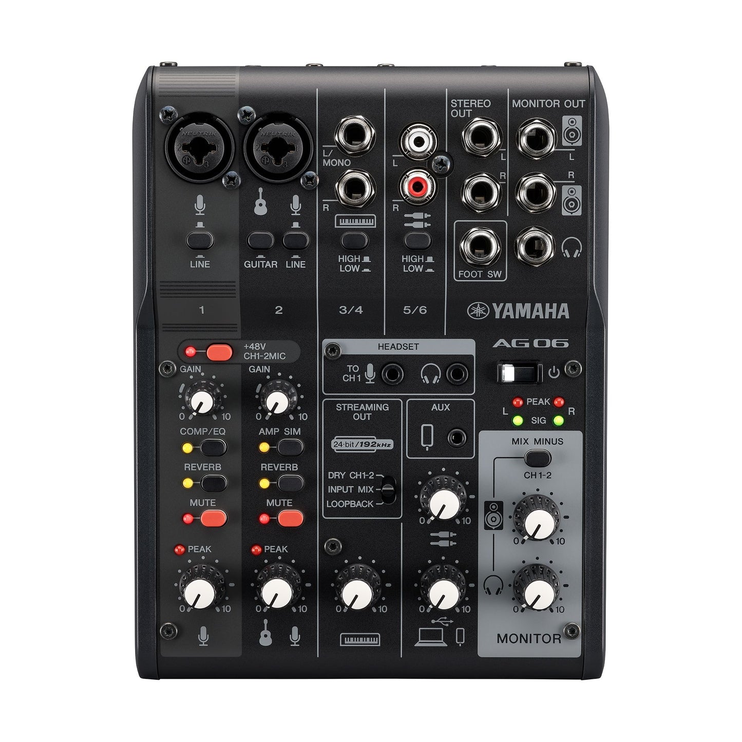 Yamaha AG06 Mk. II Multipurpose 6-Channel Audio Mixer Interface w/ Recording / Playback, 1 Touch DSP Control Effects via App Support, XLR 3 Pin, 6.35mm, 3.5mm TRS AUX and RCA Ports for Audio Production & Streaming (White, Black) | AG06 MK2