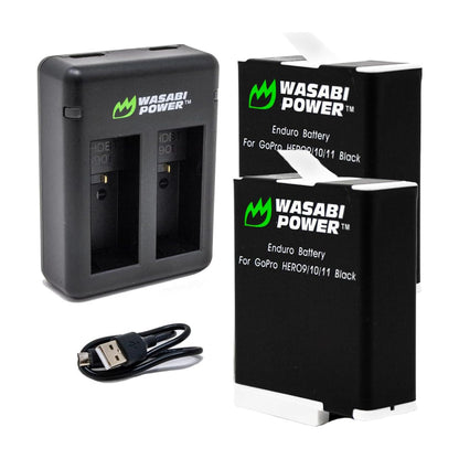 Wasabi Power (2 Pack) 3.85V 1730mAh Battery and Dual / Triple USB Charger Kit with Power Indicators, USB Micro and Type-C Ports for GoPro HERO 9 10 11 12 and Black Action Camera