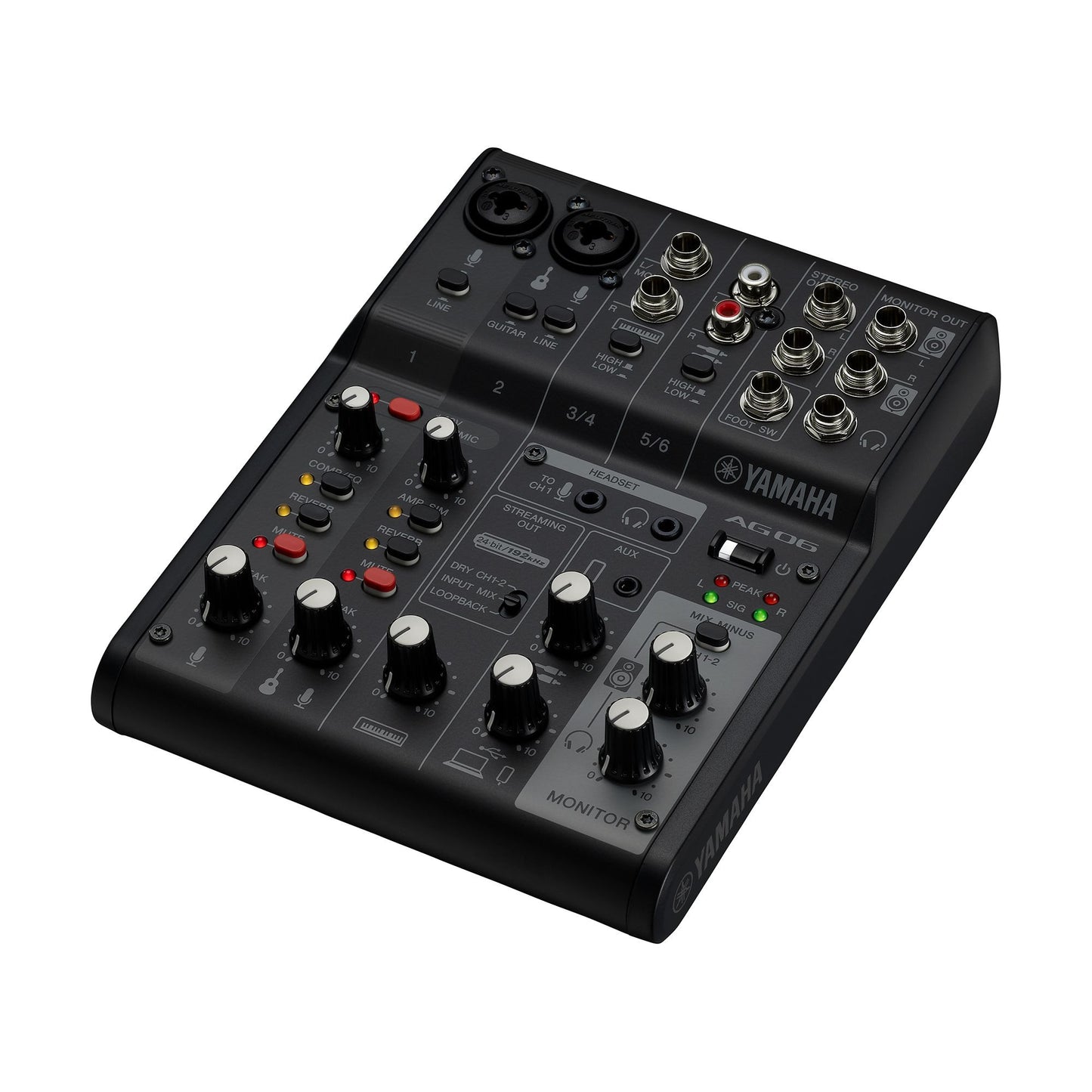 Yamaha AG06 Mk. II Multipurpose 6-Channel Audio Mixer Interface w/ Recording / Playback, 1 Touch DSP Control Effects via App Support, XLR 3 Pin, 6.35mm, 3.5mm TRS AUX and RCA Ports for Audio Production & Streaming (White, Black) | AG06 MK2