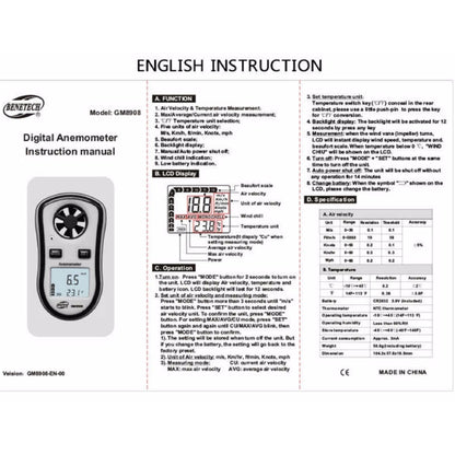 Benetech GM8908 Digital Wind Speed Anemometer with Wind Chill Temperature Thermometer Function