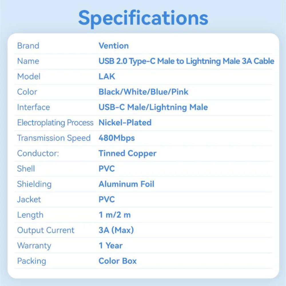 Vention 1M / 2M 27W USB 2.0 Type-C Male to Lightning Male PD Fast Charging Data 3A Cable with High-Speed 480Mbps Transfer Speed for iPhone, iPad, iPod Touch - Black, White, Pink, Blue