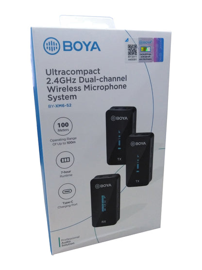 Boya by-XM6 S2 2.4GHz Dual Wireless Lavalier Microphone System Kit with up to 7hours Runtime and 100m Operating Range for Live, YouTube, Vlogging and Interview
