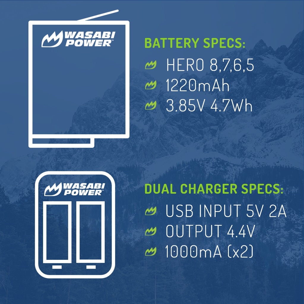 Wasabi Power Battery for GoPro HERO8 Black and Dual Charger Compatible with HERO8 BLACK, HERO7 BLACK, HERO6, HERO5  | JG Superstore
