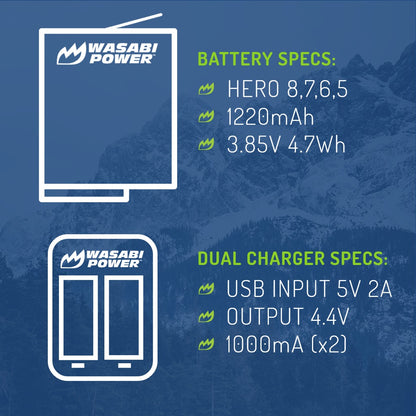 Wasabi Power Battery for GoPro HERO8 Black and Dual Charger Compatible with HERO8 BLACK, HERO7 BLACK, HERO6, HERO5  | JG Superstore
