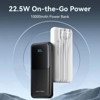 Vention 10000mAh 22.5W/PD 20W Fast Charge Power Bank with Built-In Type C & Lightning Charging Cable, 3-Port Output, Smart LED Digital Display for iPhone, iPad, Airpods, Android Smartphone, Tablet, Camera - White, Black