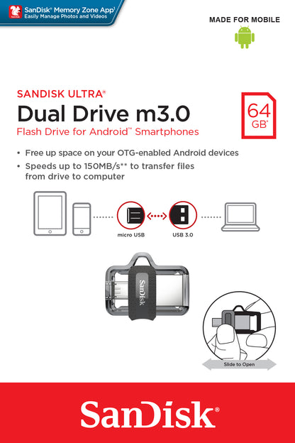 SanDisk Ultra 64GB / 128GB / 256GB Dual Drive m3.0 USB Flash Drive with Micro USB OTG compatibility (Black, Gold)