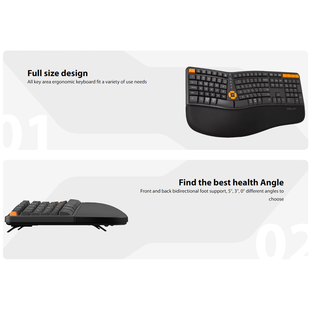 [CLEARANCE] Delux GM905DB Wireless Bluetooth Ergonomic Split Membrane Keyboard 2.4G with Palm Rest, No Backlit, 10 Outstanding Yellow Keys, 112 Keys + 5 Vol, Screen Light Keys for Windows, Mac, Android