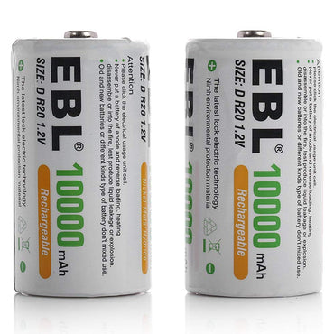 [CLEARANCE] EBL LN-8141 1.2V D Cell 10000mAh Rechargeable NiMH Nickel Metal Hydride Battery (Pack of 2) with Included Storage Case for Portable and Emergency Electronics
