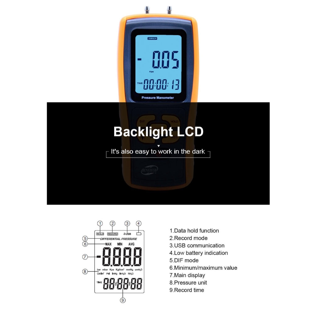 [CLEARANCE] Benetech GM520 Digital LCD Display Pressure Manometer +/-0.3% FSO(25degree) Pressure Manometer