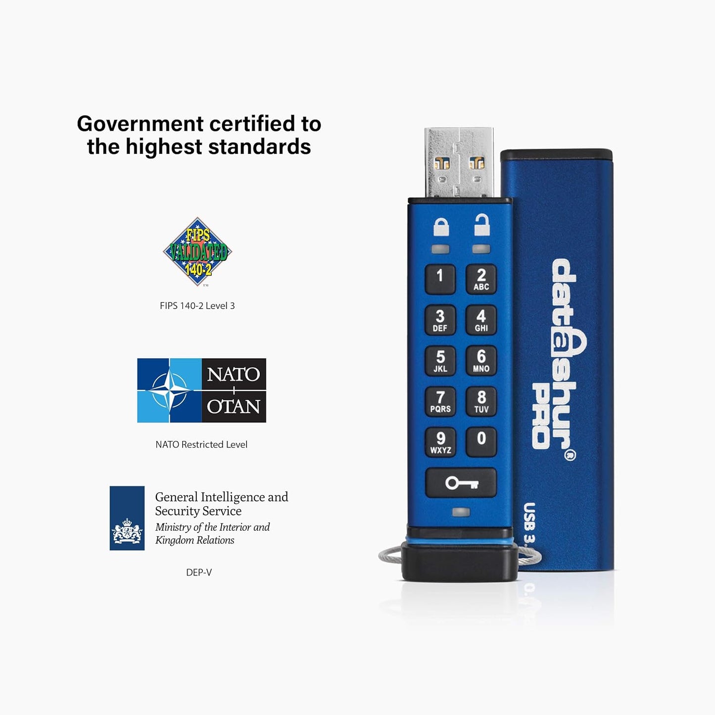 datAshur 32GB | 64GB |128GB 256-bit iStorage PRO  AES Encrypted USB 3.2 Flash Drive with Password Protection, PIN-Protected with Alphanumeric Keypad, 169 MB/s Max. Read Speed, 135 MB/s Max, Write Speed | IS-FL-DA3-256