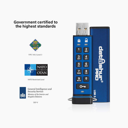 datAshur iStorage PRO32GB | 64GB |128GB 256-bit AES Encrypted USB 3.2 Flash Drive with Password Protection, PIN-Protected with Alphanumeric Keypad, 169 MB/s Max. Read Speed, 135 MB/s Max, Write Speed | IS-FL-DA3-256