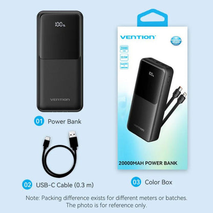 Vention 20000mAh 22.5W/PD 20W Fast Charge Power Bank with Built-In Type C & Lightning Charging Cable, 3-Port Output, Smart LED Digital Display for iPhone, iPad, Airpods, Android Smartphone, Tablet, Camera - White, Black