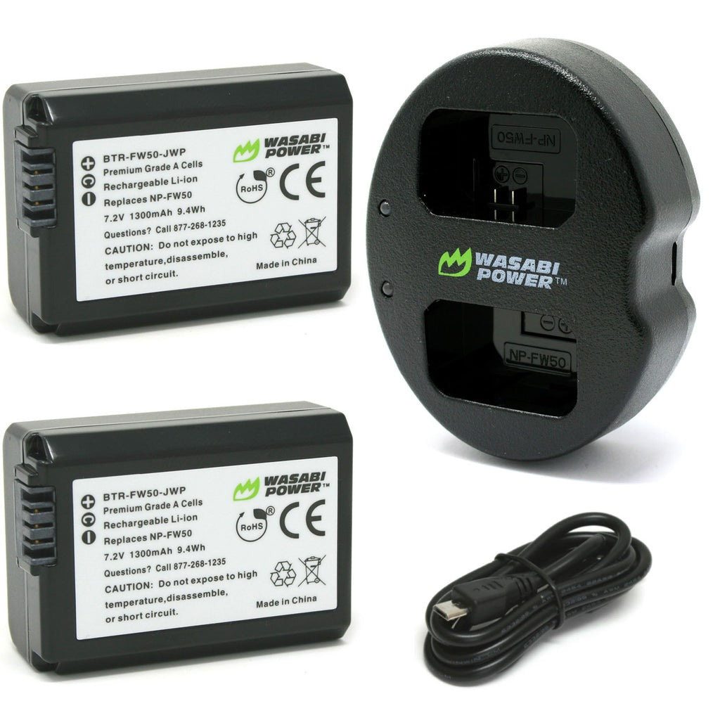 Wasabi Power (2-Pack) SONY NP-FW50 NPFW50 Battery and Dual Charger with Micro USB and Type C Charging Port for Select Sony Alpha a7 II a7R II a7S II a6500 a6400 a6300 a6000 NEX-F3 NEX-C3 NEX-7 NEX-6 NEX-5 NEX-3 and ZV-E10 Digital Camera