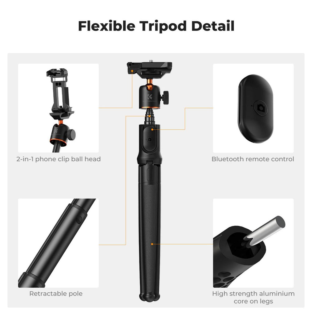 K&F Concept MS29 Extendable Flexible Tripod + Remote with 10m Wireless Range, Max 23.6" Height, 2kg Max Load Capacity, 360° Pan / 90° Tilt Ball Head with 2 in 1 Phone Clip for Smartphones, Action Cameras and Mirrorless Camera