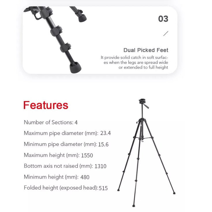 Benro T-691EX Aluminum Alloy Tripod with 3-Way Pan Tilt Head up to 3kg Load Capacity for Video and Photo DSLR Cameras T-600 T600 T-600EX