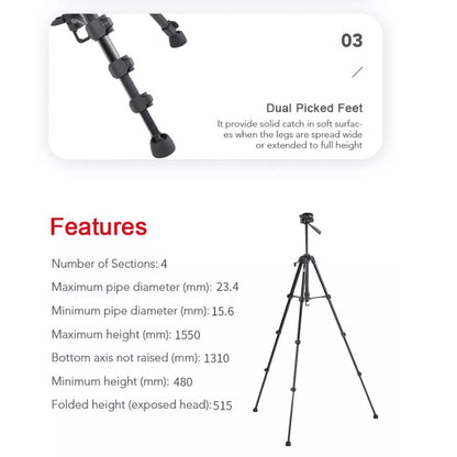 Benro T-691EX Aluminum Alloy Tripod with 3-Way Pan Tilt Head up to 3kg Load Capacity for Video and Photo DSLR Cameras T-600 T600 T-600EX