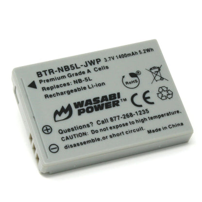 Wasabi Power NB-5L 2-Pack Power Battery and Charger Kit with 3.7V 1400mAh Power Batteries, Wasabi Power Mini Rapid A/C Charger for Canon NB-5L and Canon PowerShot Cameras | JG Superstore