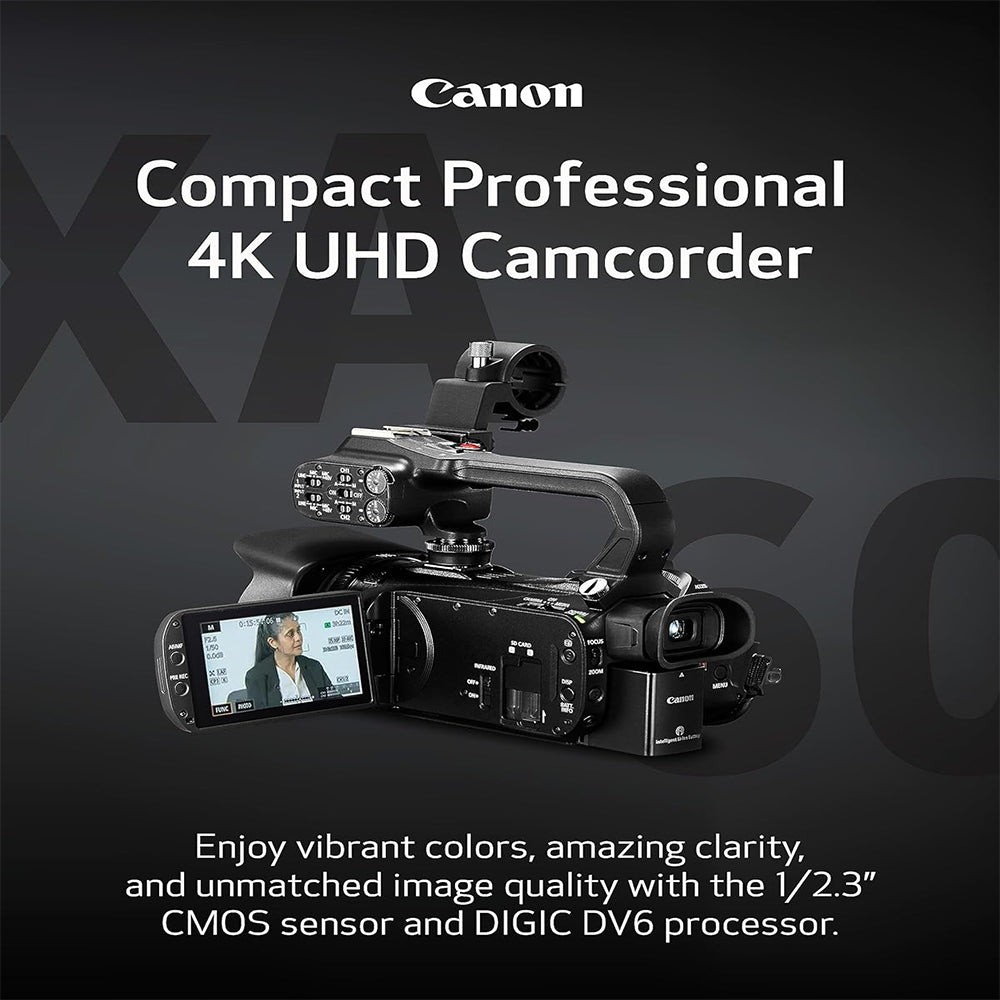 Canon XA60 Professiol Compact 4K UHD Camcorder with 20x Optical Zoom Lens Video Camera - 1/2.3" CMOS Sensor, DIGIC DV6, XLR Audio Termils, 5-Axis Stabilization, Hybrid Auto Focus, and UVC for Live Streaming, Recording, Broadcast