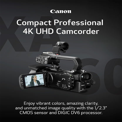 Canon XA60 Professiol Compact 4K UHD Camcorder with 20x Optical Zoom Lens Video Camera - 1/2.3" CMOS Sensor, DIGIC DV6, XLR Audio Termils, 5-Axis Stabilization, Hybrid Auto Focus, and UVC for Live Streaming, Recording, Broadcast