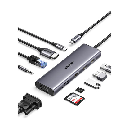 UGREEN Multifunctiol 10-in-1 USB C Hub with 4K HDMI VGA Video Converter, 100W PD Type C Fast Charger, 1000Mbps RJ45 Ethernet, SD TF Memory Card Reader, 5Gbps High-Speed USB 3.0, and 3.5mm Audio Port for Computer Laptop MacBook iMac iPad