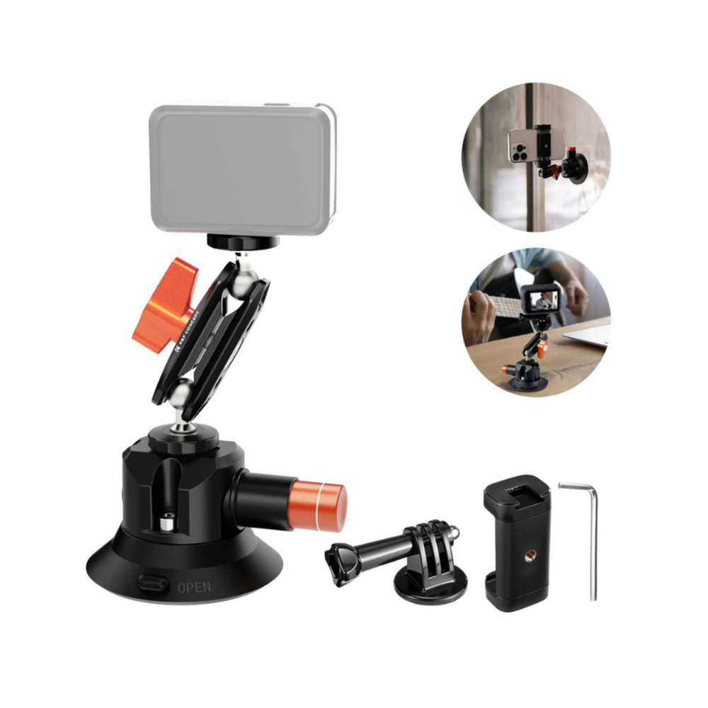 K&F Concept Vacuum Suction Cup Mount w/ 360° Ball Head, 1/4" & 3/8" Screws for Phones & Action Cam