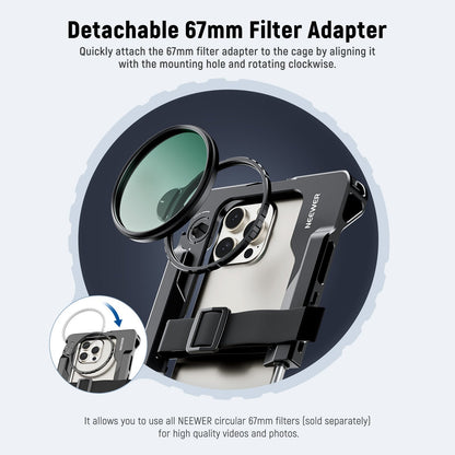 Neewer PA017 Handheld Universal Smartphone Clamp Mount Cage Rig with 67mm Detachable Filter Adapter Ring, 360° Dual Side Handles, Aluminum Alloy, Multiple 1/4" Threads for Photography, Videography & Content Creation | 10103956
