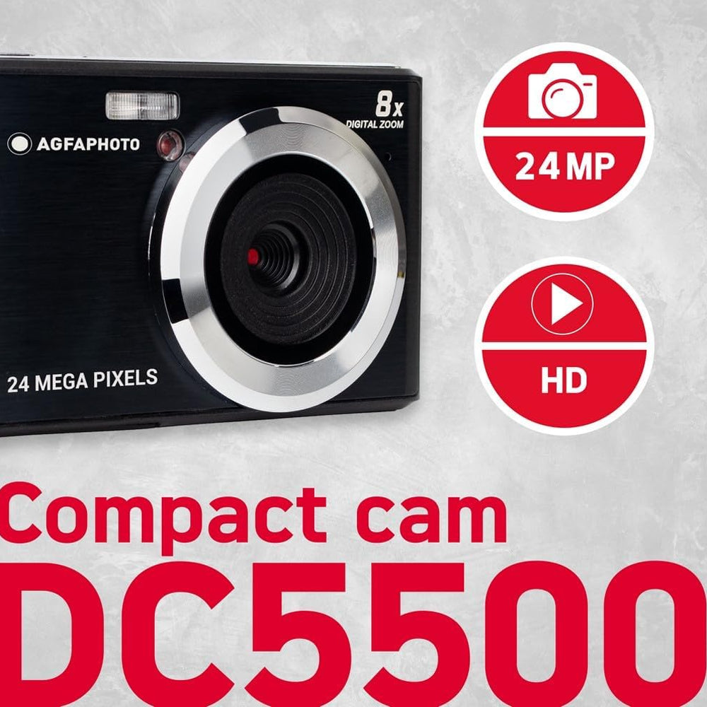 AGFAPHOTO RealiShot (DC5500) 24MP Compact Digital Camera with 8x Digital Zoom, CMOS Sensor, 720p HD Video Capture, 2.4" LCD Screen Display and Max 64GB Memory Storage Support for Point and Shoot Photo Video | Black, Blue, Pink