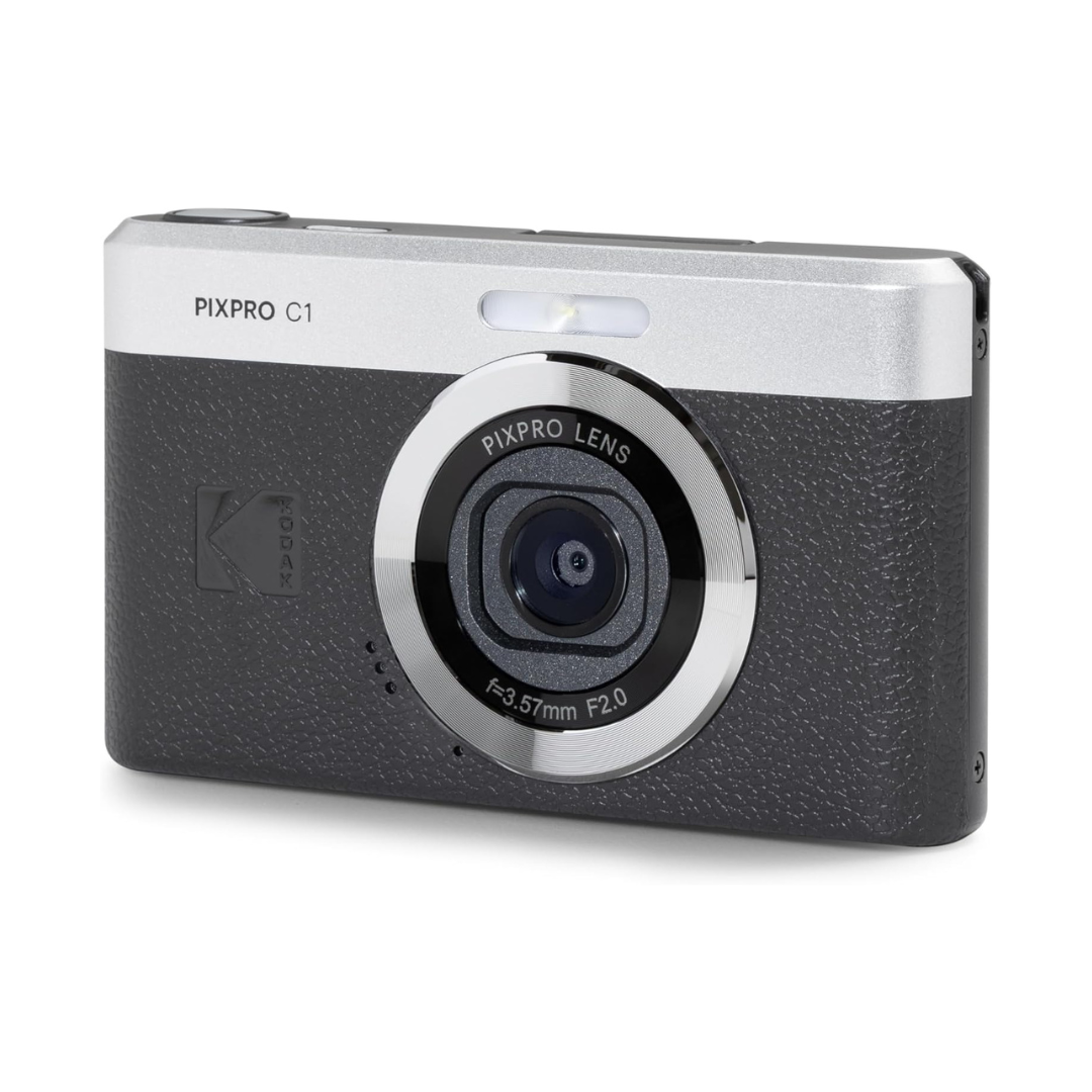 KODAK PIXPRO C1 Compact Digital Camera with 16GB TF Card & Card Reader Bundle Set, 180° LCD Flip Screen, 26mm Fixed Focus Lens, 4x Digital Zoom, 13MP CMOS Sensor, Full HD Video, Built-In Li-Ion Battery | Black Brown