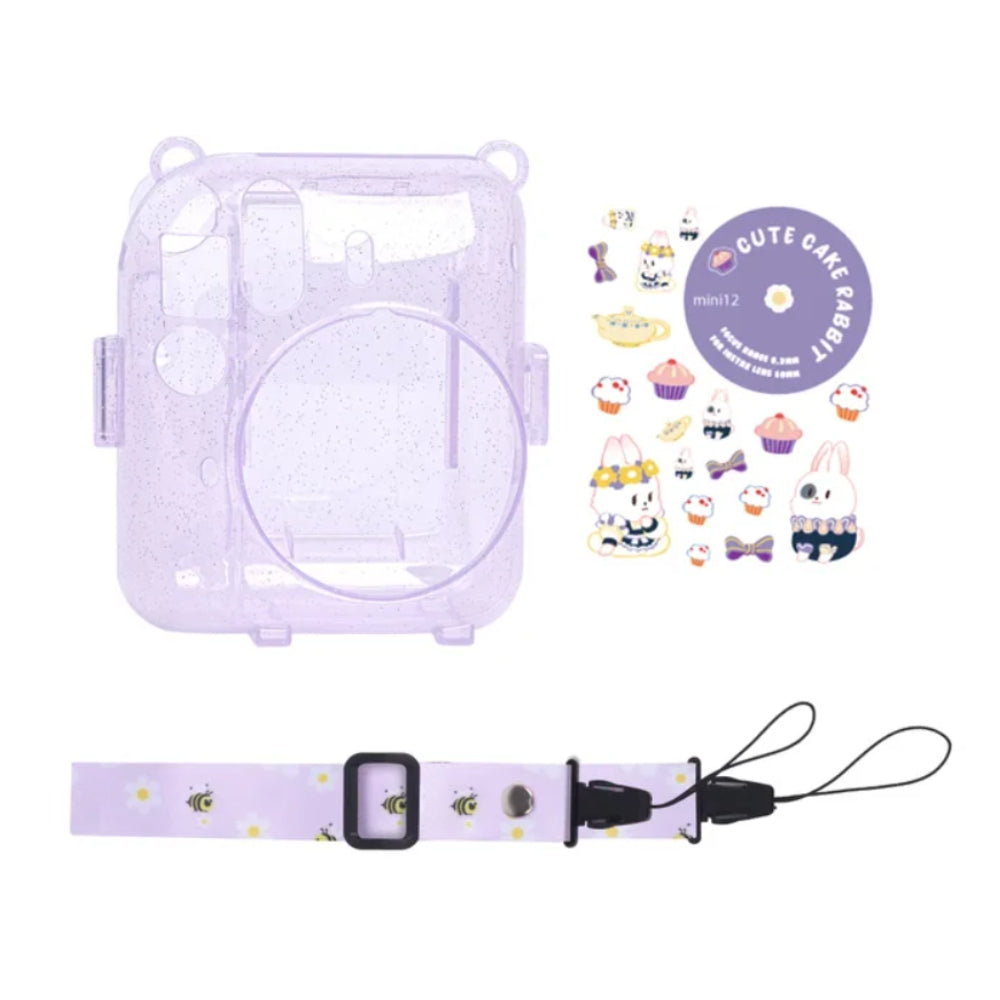 Pikxi 3-in-1 Transparent Glitter Instant Camera Case for FUJIFILM Instax Mini 12 Film Cameras with Cartoon Patch Sticker Set and Body Strap