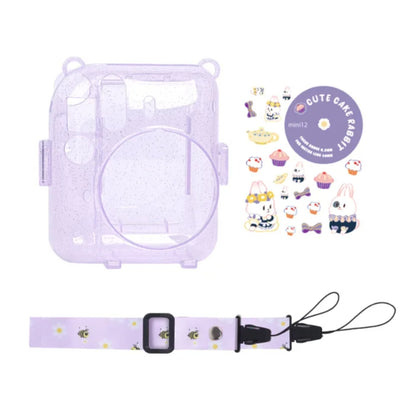 [CLEARANCE] Pikxi 3-in-1 Transparent Glitter Instant Camera Case for FUJIFILM Instax Mini 12 Film Cameras with Cartoon Patch Sticker Set and Body Strap