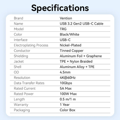 Vention 0.5 / 1-Meter USB 3.2 Gen 2 Dual Type-C Male 5A Fast Charging Cable with 10Gbps Data Transmission Speed Aluminum Alloy Type