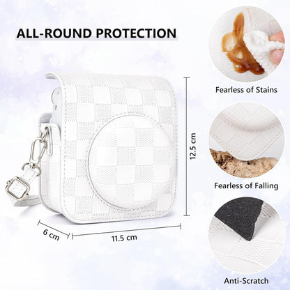 Pikxi BMS12 Fujifilm Instax Mini 12 PU Checkered Style Silicone Rubber Protective Camera Case Bag with Shoulder Strap - Clay White