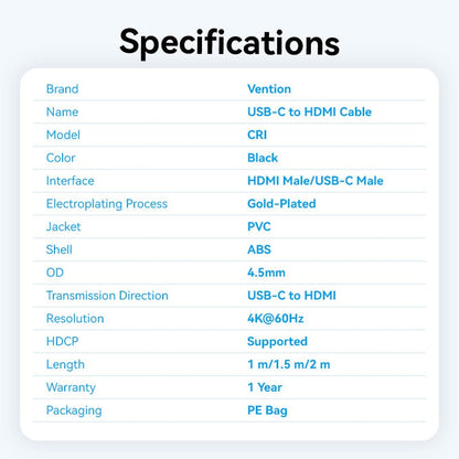 Vention USB-C to HDMI-A 4K HD Cable Black 4K/60Hz For Laptop, TV, Tablet, Phone, Monitor, Projector