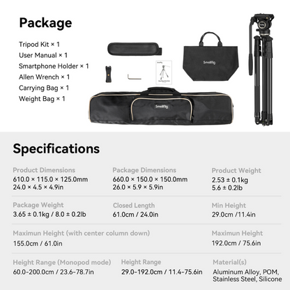 SmallRig CT-210 Aluminum Camera Video Tripod Kit - Sp-On Type Quick Release Fluid Head, Reversible Center Column, 192cm Max Height, 6kg Load Capacity, 4-Section Legs, 360° Panning & 90°/-65° Tilting, Monopod Configuration | 4475