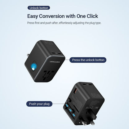 Vention 65W Multi-Port Universal Travel Adapter with GaN Fast Charging USB PD Ports, US/AU/UK/EU Male and Female Plugs for Smartphone, Tablet, Laptop etc. | FJDB0