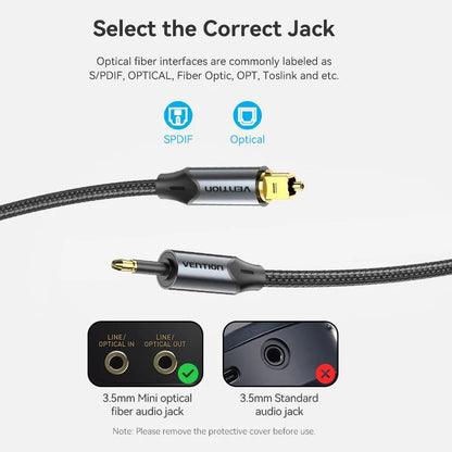 Vention Toslink 3.5mm Male to Mini Toslink Male Fiber Optic Hifi Braided Audio Cable with Gold Plated Plugs and DOLBY, DTS, PCM, 5.1 Surround Sound Support