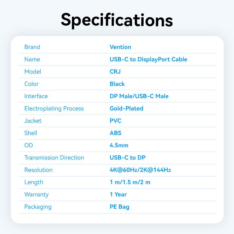 Vention USB-C to DP 4K HD Cable Black 4K/60Hz For Laptop, Phone, Tablet, TV, Projector, Monitor