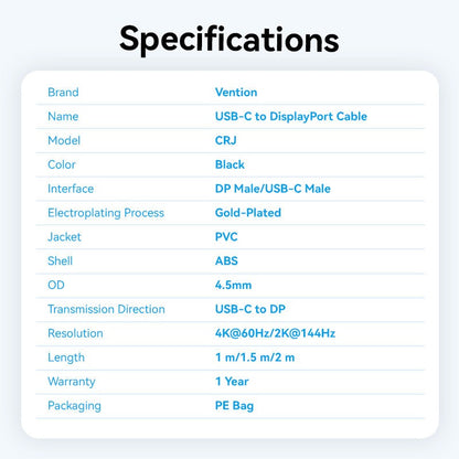 Vention USB-C to DP 4K HD Cable Black 4K/60Hz For Laptop, Phone, Tablet, TV, Projector, Monitor