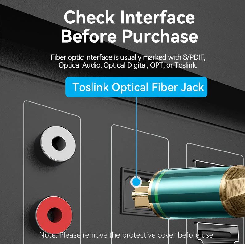 Vention 1m / 1.5m / 2m / 3m / 5m / 10m Toslink Optical Fiber Male to Male Hi-Fi Audio Cable, Supports S/PDIF Port for TV, Gaming Console, DVD Player, Speaker, Soundbar, and Amplifier