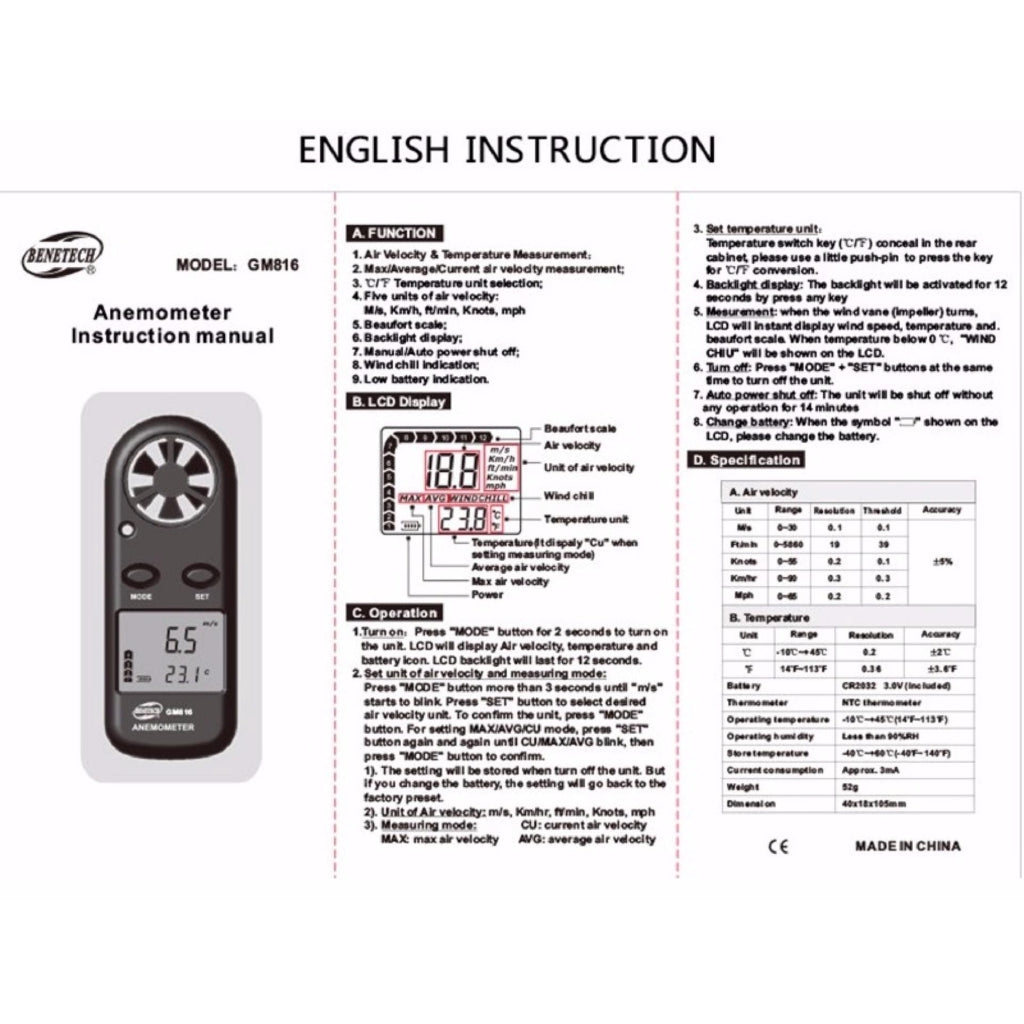 Benetech GM816 Digital Wind Speed Anemometer with Wind Chill Temperature Thermometer Function