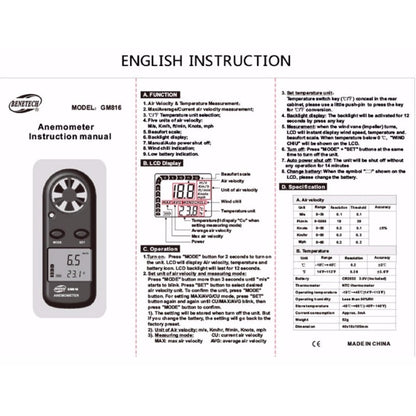Benetech GM816 Digital Wind Speed Anemometer with Wind Chill Temperature Thermometer Function