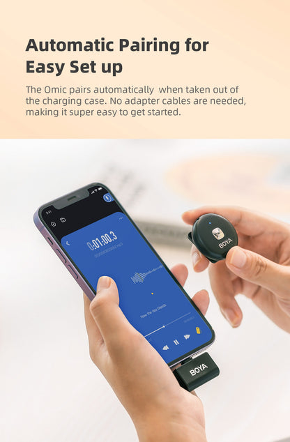 [CLEARANCE] BOYA Omic-U 2 Person Dual Channel 2.4GHz Wireless Omnidirectional Microphone System USB Type-C w/ 50m Max Range, HD Audio & Noise Cancellation, Detachable Magnetic Belt Clip and Wireless Charging Case for Vlogging